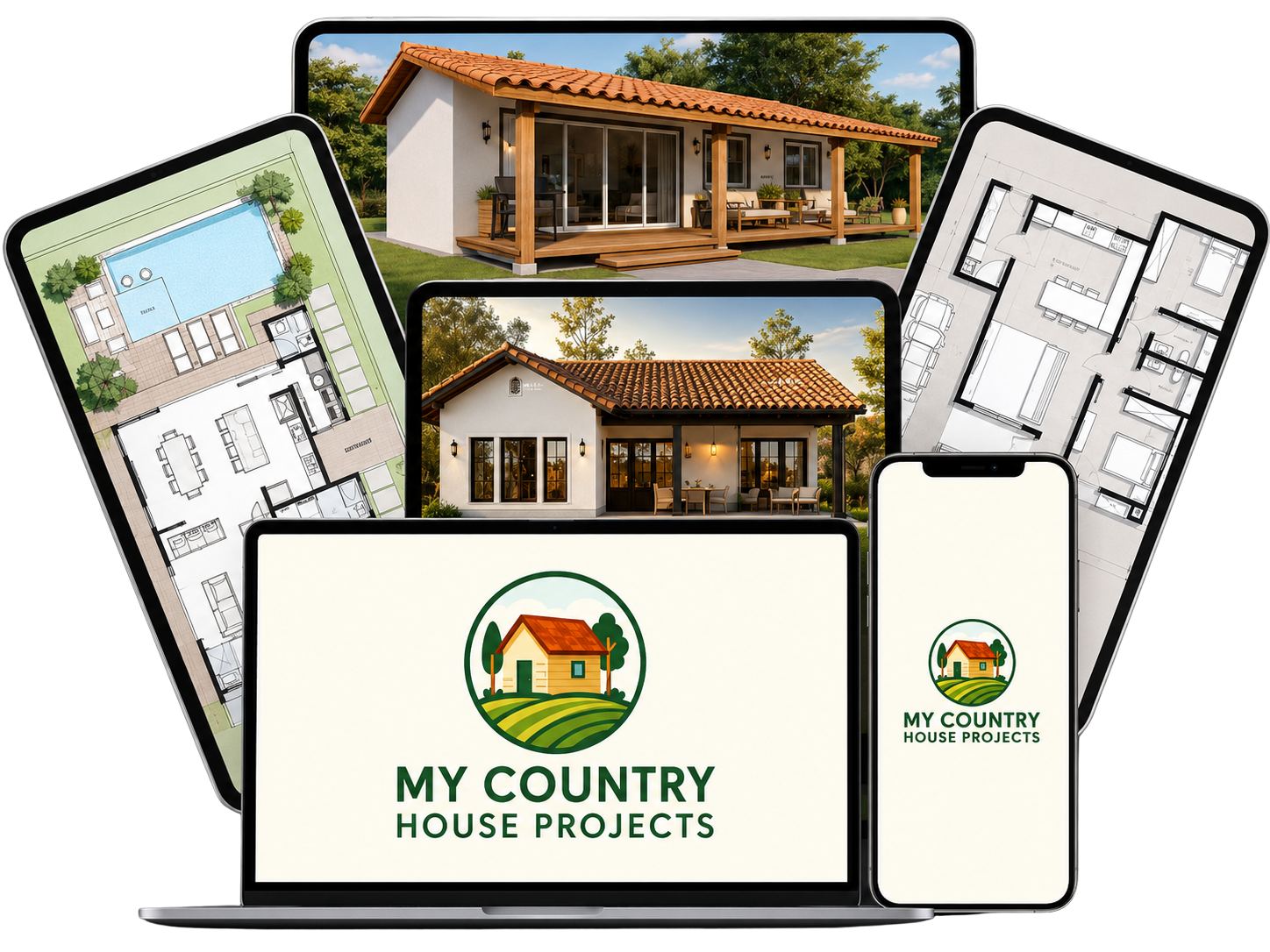 Device mockups showing the house plans
