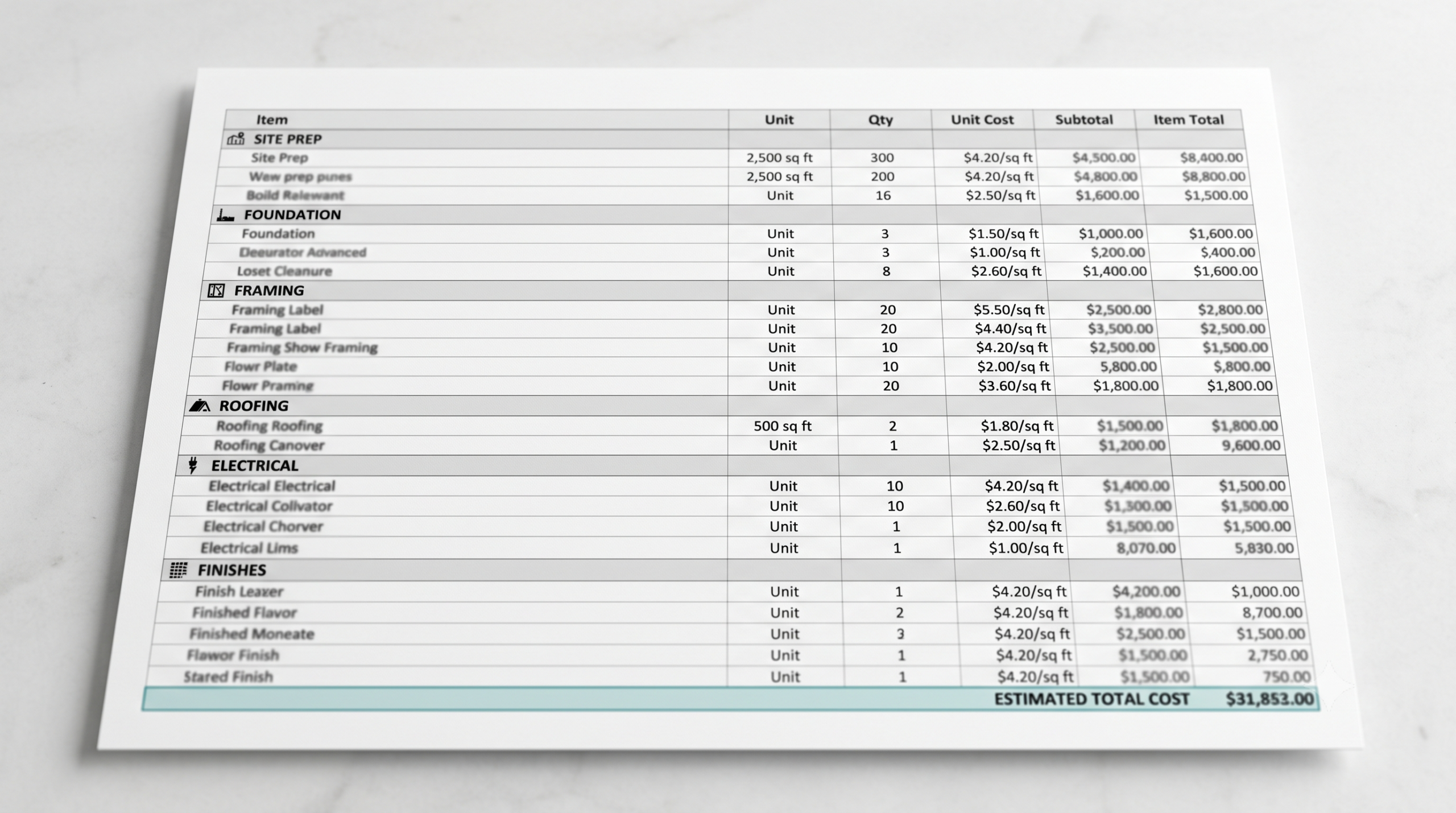 Materials list and estimated costs